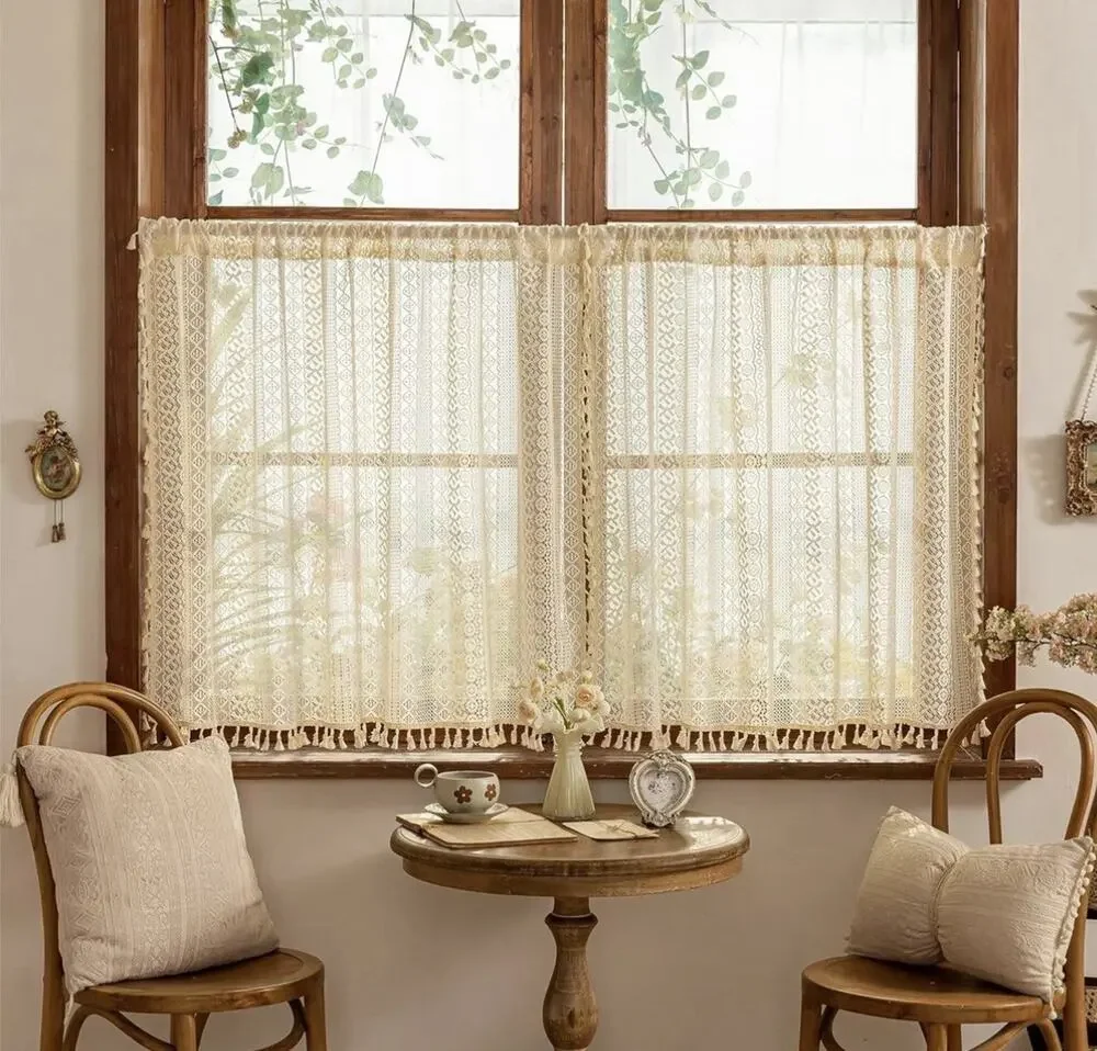 2 Panels Boho Lace Short Kitchen Curtains 50X36 Cafe Laundry Room, Beige New